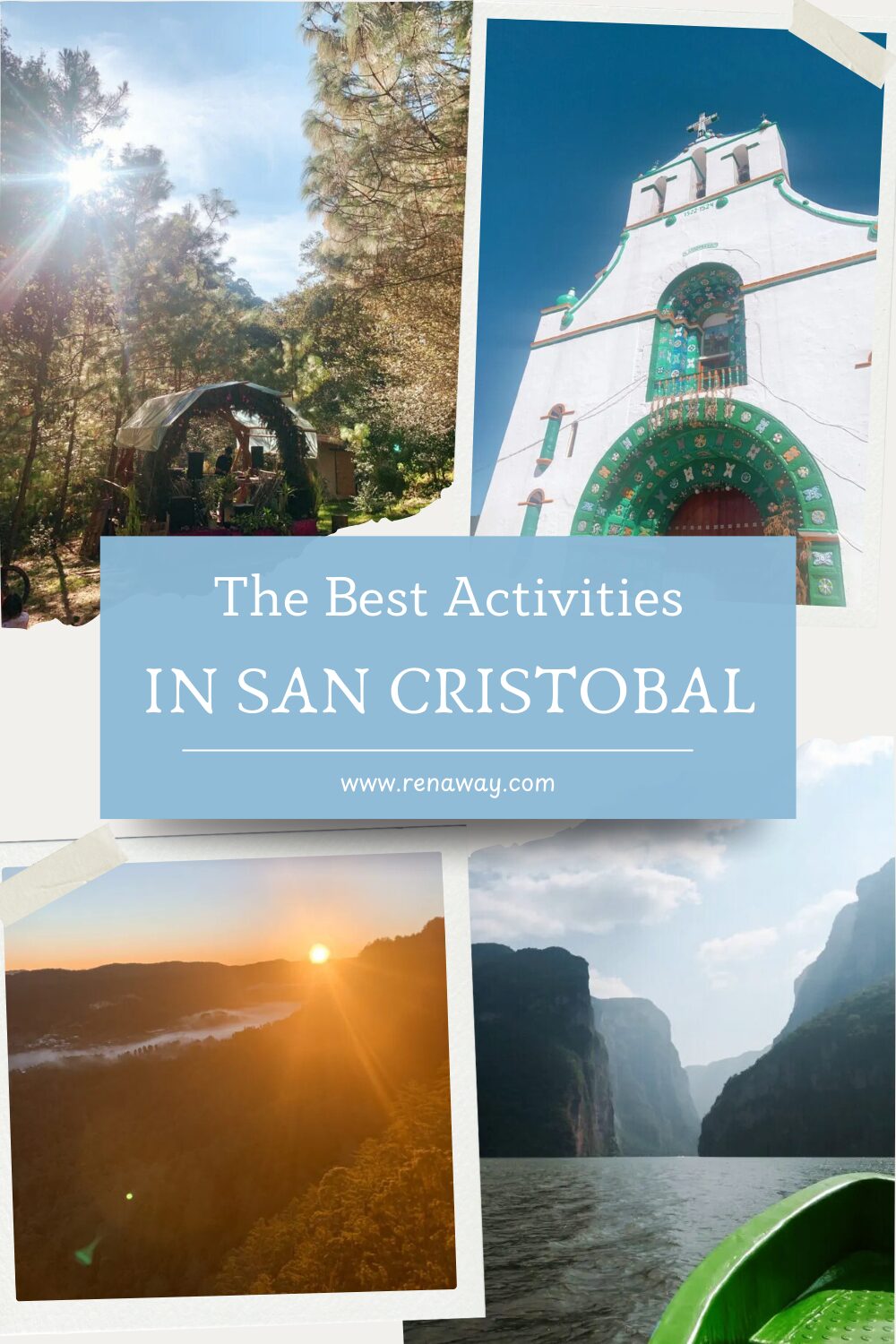 four photos of a church, sunrise, park and canyon with the title "the best things to do in san cristobal"