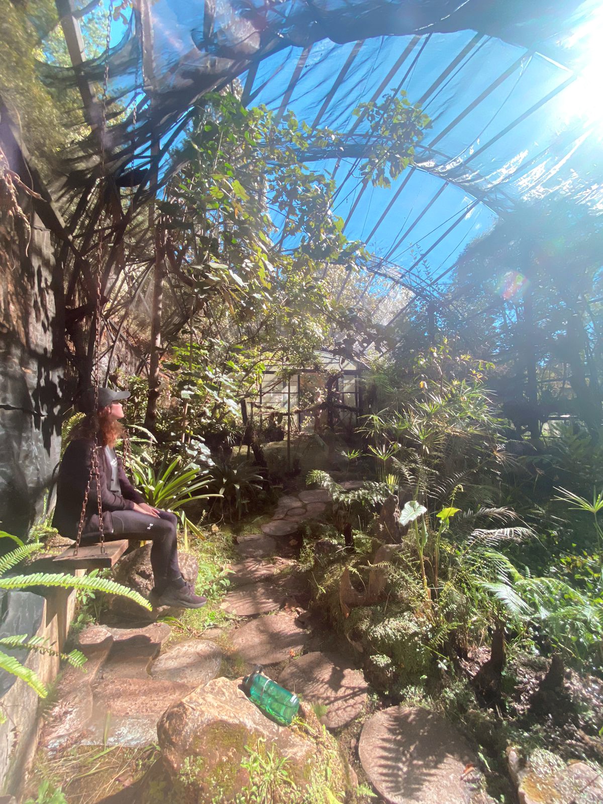 Girl sits on a swing in a botanical garden greenhouse