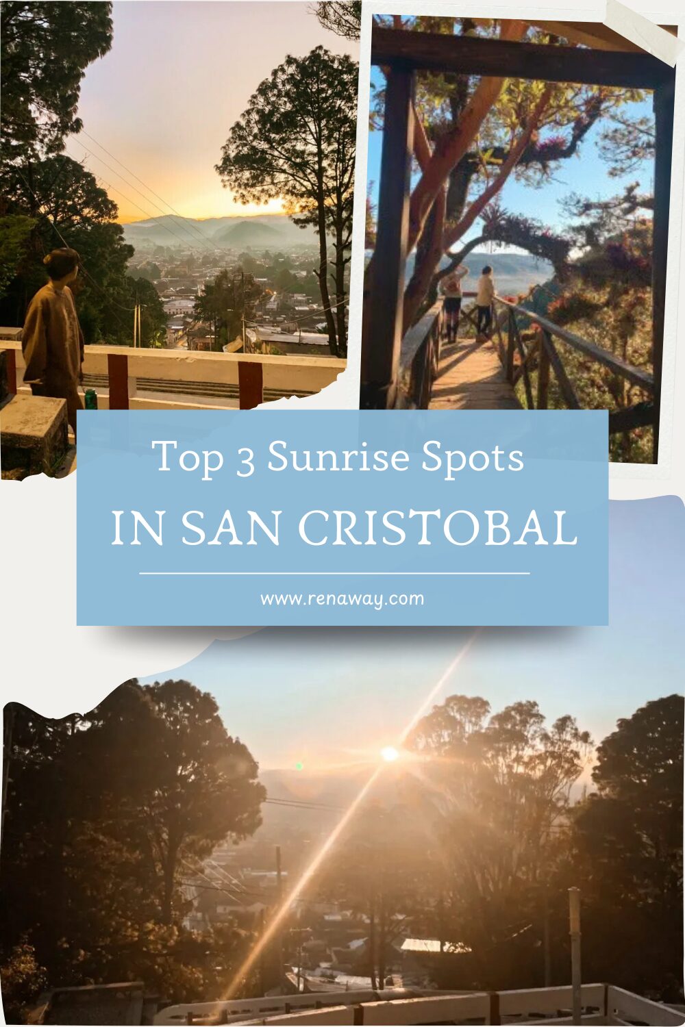 three photos of sunrises with the title "top 3 sunrise spots in san cristobal"