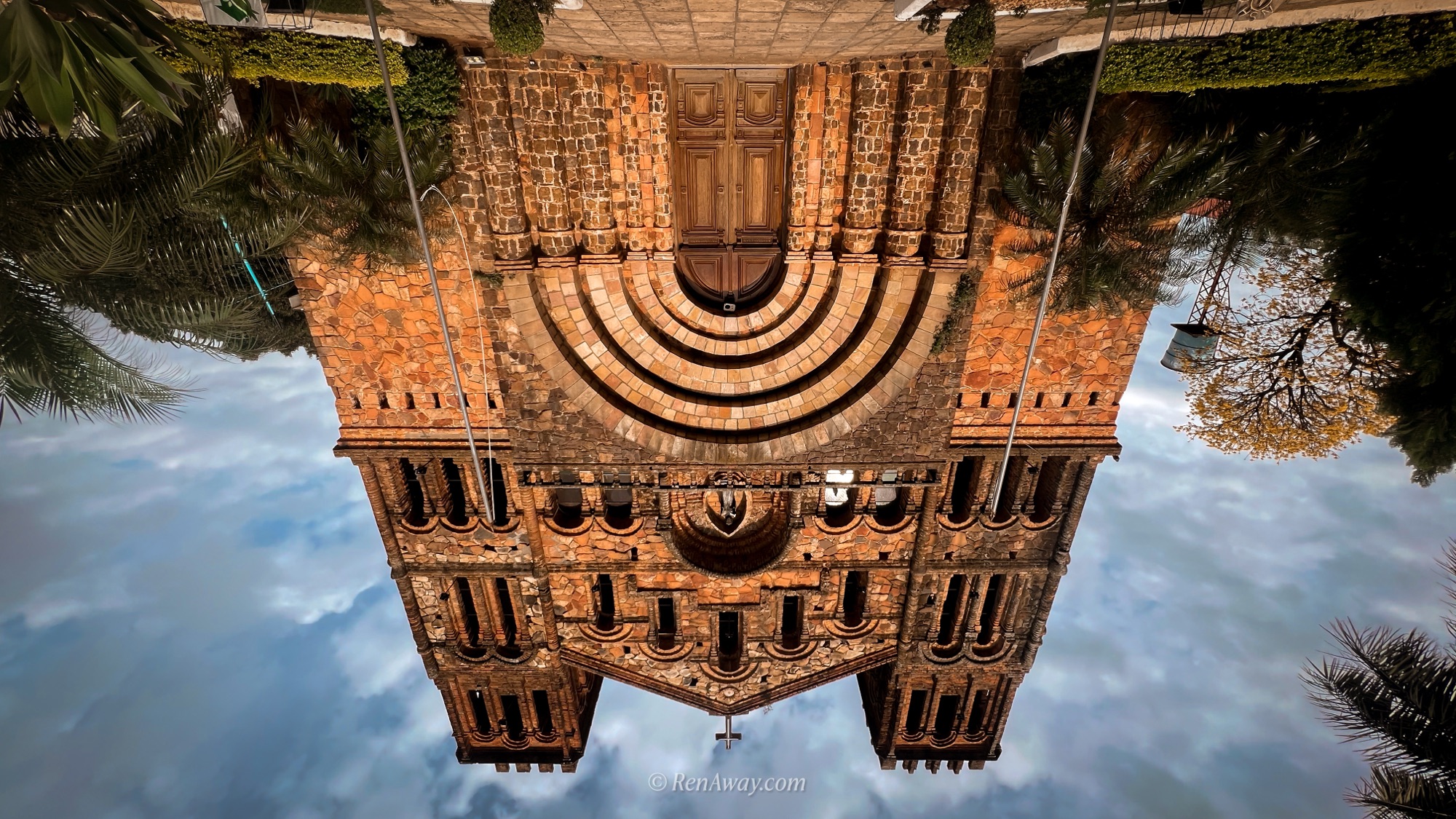 A photo of the main church in Villarrica, Paraguay flipped upside down